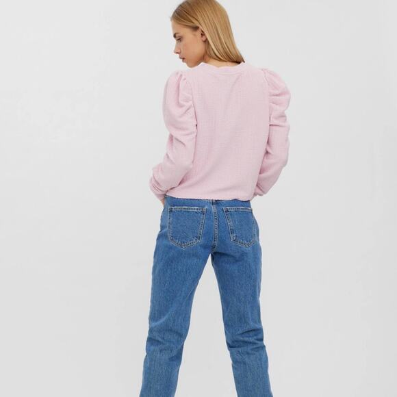 Vero Moda Hela Pink Sweatshirt Crop Top with Statement Long Puff Sleeves - Picture 2 of 7